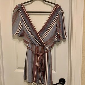 Pink Lily Striped V-Neck Short Sleeve Romper in Blue and Brown